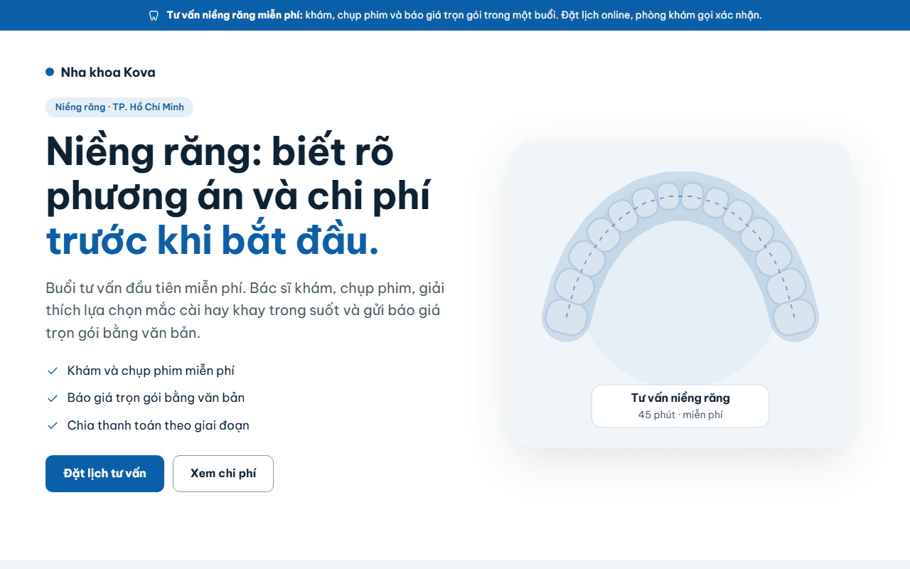 Desktop screenshot of the Kova Dental — Braces sample page