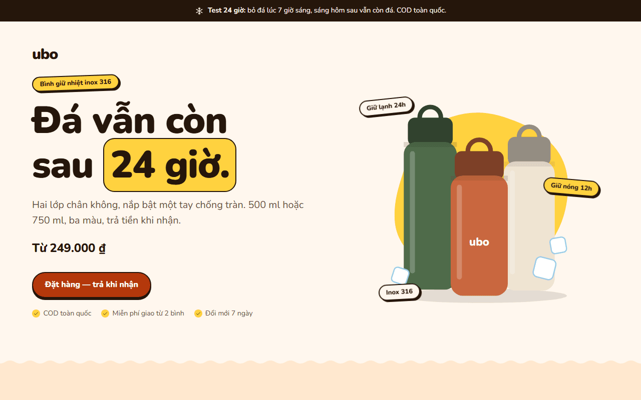 Desktop screenshot of the Ubo Bottle — Cash on delivery sample page