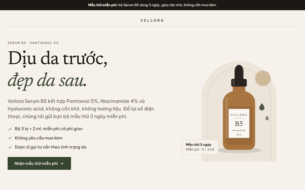 Desktop screenshot of the Vellora Skin — Serum B5 sample page